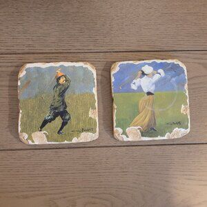 Vintage Ceramic Golf Scene Coasters Set Of 2 By Guy Buffet Rustic Charm